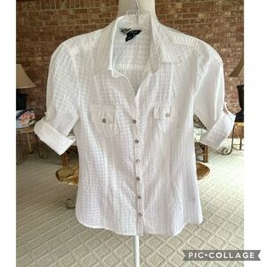 WHBM Top Roll-tab Sleeve White Textured Luxe 0 Button Up Collared Blouse Dressy